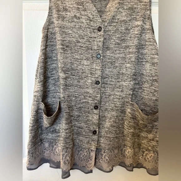 LOGO Lori Goldstein Button Up Lace Trim V-neck Sweater Vest, Women’s, Lg, Gray - Picture 7 of 16